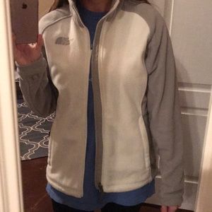 White/gray North Face fleece jacket